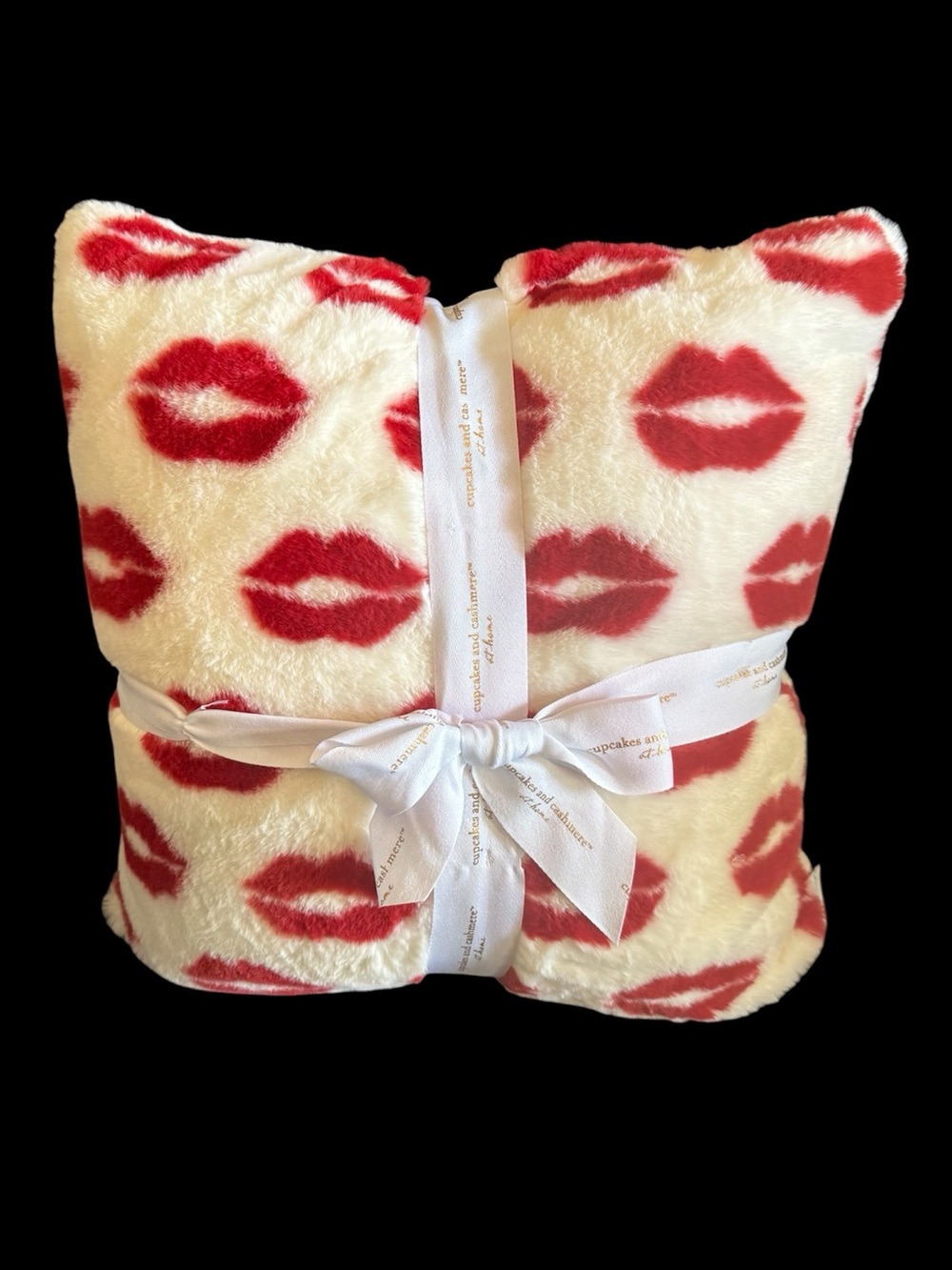 cupcakes & cashmere White Faux Fur Plush Pillow Zippered Red Lip Print